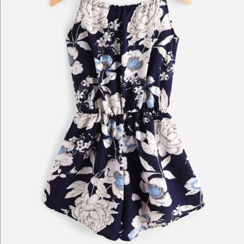 Floral print self tie neck cami romper
